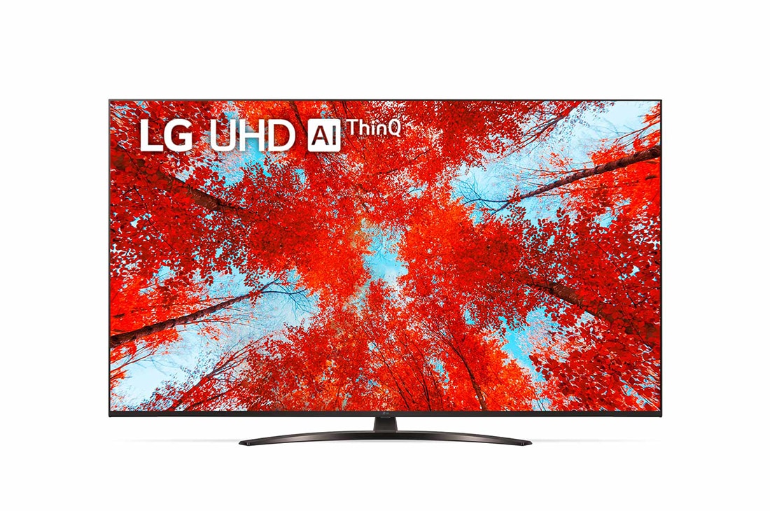 LG UQ91| UHD 4K | 55 inch | Procesor α5Gen5 AI | ThinQ AI, Vedere frontală a televizorului LG UHD cu imaginea continuă și sigla produsului aprinsă, 55UQ91003LA