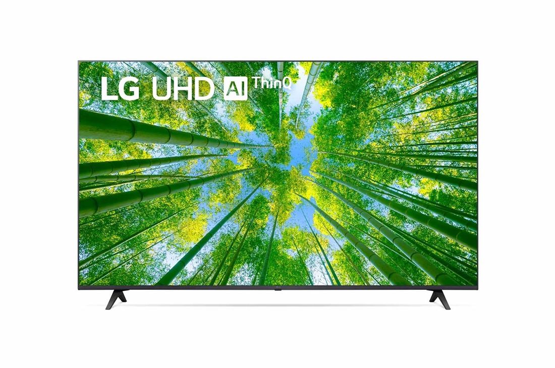 LG TELEVIZOR UHD 4K |UQ79 | 55 inch| ThinQ AI | 60 Hz, Vedere frontală a televizorului LG UHD cu imaginea continuă și sigla produsului aprinsă, 55UQ79003LA