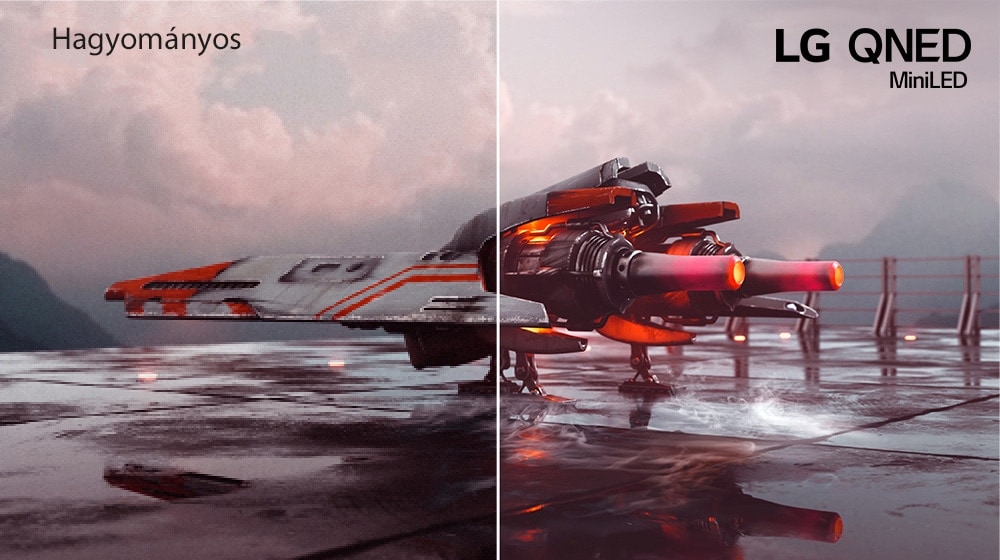 BW1Este un avion de luptă roșu și imaginea este împărțită în două – jumătatea din stânga imaginii pare mai puțin colorată și ușor mai întunecată, în timp ce jumătatea din dreapta imaginii este mai luminoasă și mai plină de culoare. În colțul din stânga sus a imaginii scrie Convențional și în colțul din dreapta sus a imaginii se află sigla LG QNED.