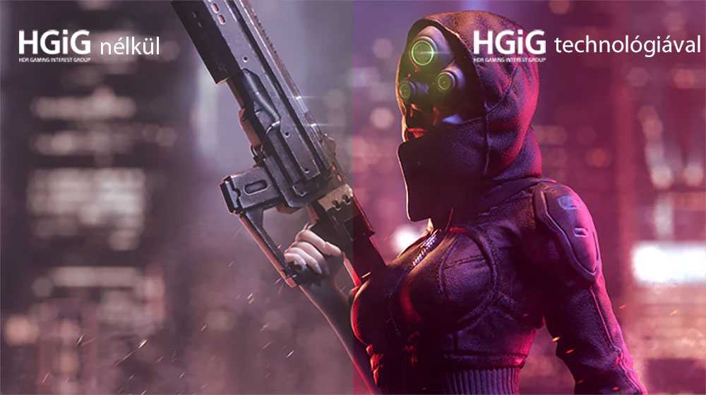 O imagine arată o femeie care ține o armă și poartă o mască facială pe toată fața. Jumătatea din stânga imaginii este pală cu mai puține culori și jumătatea din dreapta imaginii are relativ mai multă culoare.