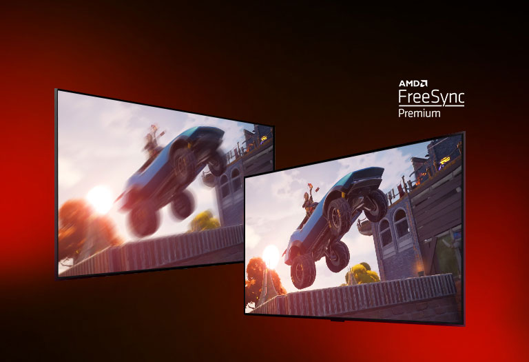 Există două televizoare – în partea din stânga este prezentată o scenă din jocul FORTNITE cu o mașină de curse. În partea din dreapta este afișată și aceeași scenă din joc, dar imaginea afișată este mai luminoasă și mai clară. În colțul din dreapta sus este afișată sigla AMD FreeSync premium.
