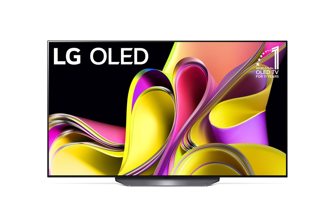 LG OLED B3 de 77'' , Vedere frontală cu LG OLED evo, emblema Produsul OLED nr. 1 timp de 11 ani și sigla pentru garanție 5 ani la panou pe ecran, OLED77B33LA