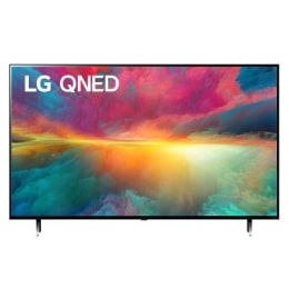 Vedere frontală a televizorului LG QNED cu imaginea continuă și sigla produsului aprinsă2