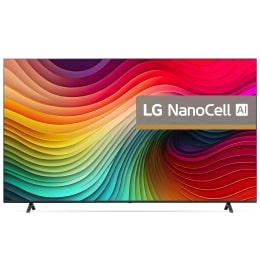 Vedere din față a unui LG NanoCell TV, NANO80, cu textul LG NanoCell și 2024 pe ecran2