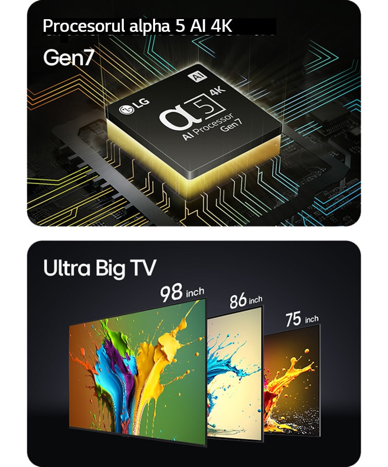 Imagini pătrate sunt afișate pe un rând orizontal. În prima imagine din stânga, este prezentat cipul procesorului alpha 5 AI 4K Gen7 cu o lumină galbenă care emană de dedesubt. În cea de-a doua imagine din dreapta, televizoarele LG QNED89, QNED90 și QNED99 sunt prezentate în ordine de la stânga la dreapta. Fiecare televizor prezintă o explozie de culoare, iar deasupra televizoarelor sunt afișate cuvintele "Ultra Big TV".