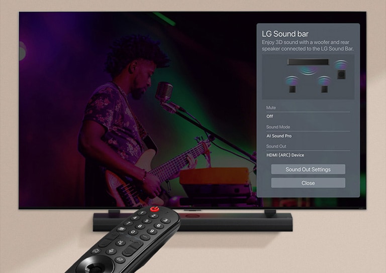 Imagine cu o telecomandă îndreptată spre un televizor LG care afișează setările în partea dreaptă a ecranului.