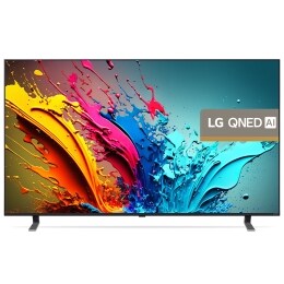 Vedere din față a unui LG QNED TV, QNED85, cu textul LG QNED 2024 și logo-ul webOS Re:New Program pe ecran2