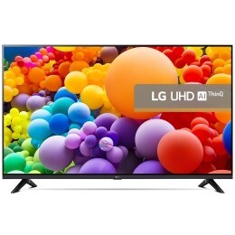 Imagine frontală cu televizorul LG UHD, UT73, cu textul LG UHD AI ThinQ și 2024 pe ecran2