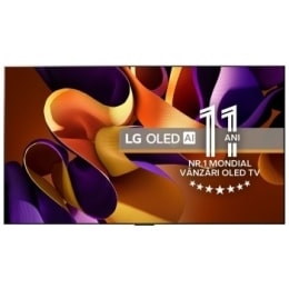 Imagine frontală cu televizorul LG OLED evo, OLED G4, emblema OLED numărul 1 mondial de 11 ani și logo-ul Garanției de 5 ani a panoului afișat pe ecran.2