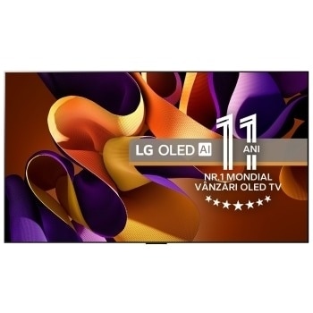 Az LG OLED evo TV, OLED G4 elölnézete a „11 Years of world number 1 OLED” emblémával és a 5-Year Panel Warranty (5 éves kijelzőpanel garancia) logóval a képernyőn, valamint az alatta lévő hangprojekto1