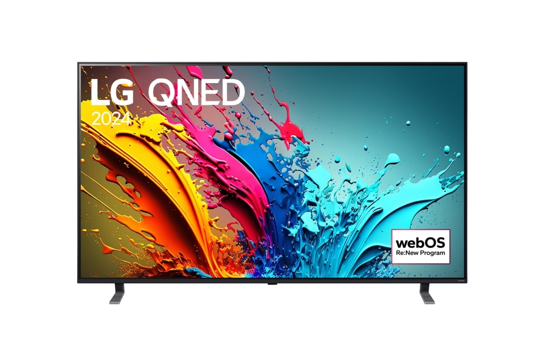 LG QNED85 de 75'', 4K Smart TV, 2024, Vedere din față a unui LG QNED TV, QNED85, cu textul LG QNED 2024 și logo-ul webOS Re:New Program pe ecran, 75QNED85T3C