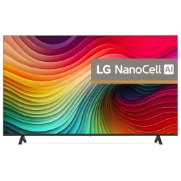 Vedere din față a unui LG NanoCell TV, NANO82, cu textul LG NanoCell 2024 și logo-ul webOS Re:New Program pe ecran2