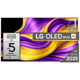 Vedere frontală a LG OLED evo AI G5 4K Smart TV. Emblema OLED 12 ani numărul 1 la nivel mondial și logo LG OLED AI evo 2025 sunt pe ecran.2