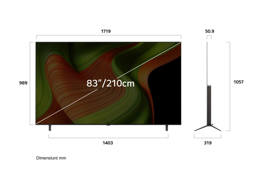 LG OLED B5 AI de 83 inch, 4K Smart TV, 2025, Un spațiu din sufragerie cu un LG OLED TV montat pe perete. Pe acest TV este un munte, pe un fundal cu un cer nocturn plin cu stele. Această scenă este împărțită în jumătate, pentru a arăta cum Perfec, OLED83B53LA, thumbnail 6