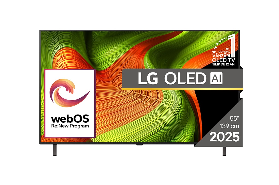 LG OLED AI B5 4K Smart TV 2025 55 inch, Vedere frontală a LG OLED AI B5 4K Smart TV. Emblema OLED 12 ani numărul 1 la nivel mondial și sigla LG OLED AI 2025 sunt pe ecran., OLED55B53LA