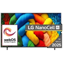 Vedere din față a unui LG NanoCell TV, NANO82, cu textul LG NanoCell 2024 și logo-ul webOS Re:New Program pe ecran2