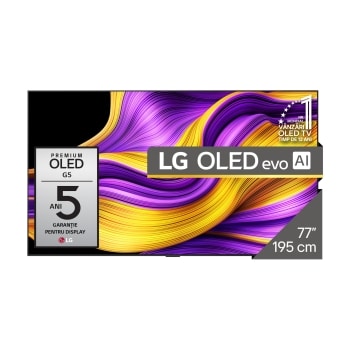 Vedere frontală a LG OLED evo AI G5 4K Smart TV. Emblema OLED 12 ani numărul 1 la nivel mondial și logo LG OLED AI evo 2025 sunt pe ecran.1
