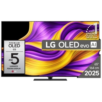 Vedere frontală a LG OLED evo AI G5 4K Smart TV. Emblema OLED 12 ani numărul 1 la nivel mondial și logo LG OLED AI evo 2025 sunt pe ecran.1