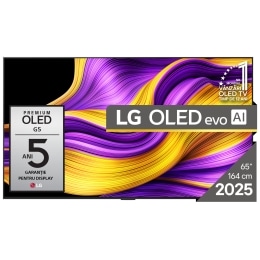 Vedere frontală a LG OLED evo AI G5 4K Smart TV. Emblema OLED 12 ani numărul 1 la nivel mondial și logo LG OLED AI evo 2025 sunt pe ecran.