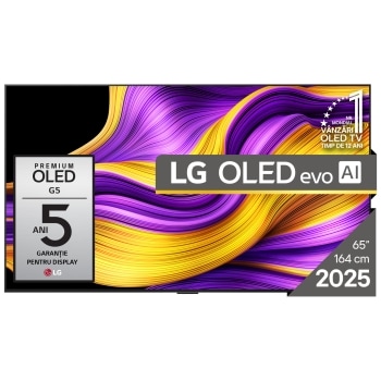 Vedere frontală a LG OLED evo AI G5 4K Smart TV. Emblema OLED 12 ani numărul 1 la nivel mondial și logo LG OLED AI evo 2025 sunt pe ecran.