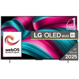 Vedere frontală a LG OLED evo AI C5 4K Smart TV. Emblema OLED 12 ani numărul 1 la nivel mondial și logo LG OLED AI evo 2025 sunt pe ecran.2