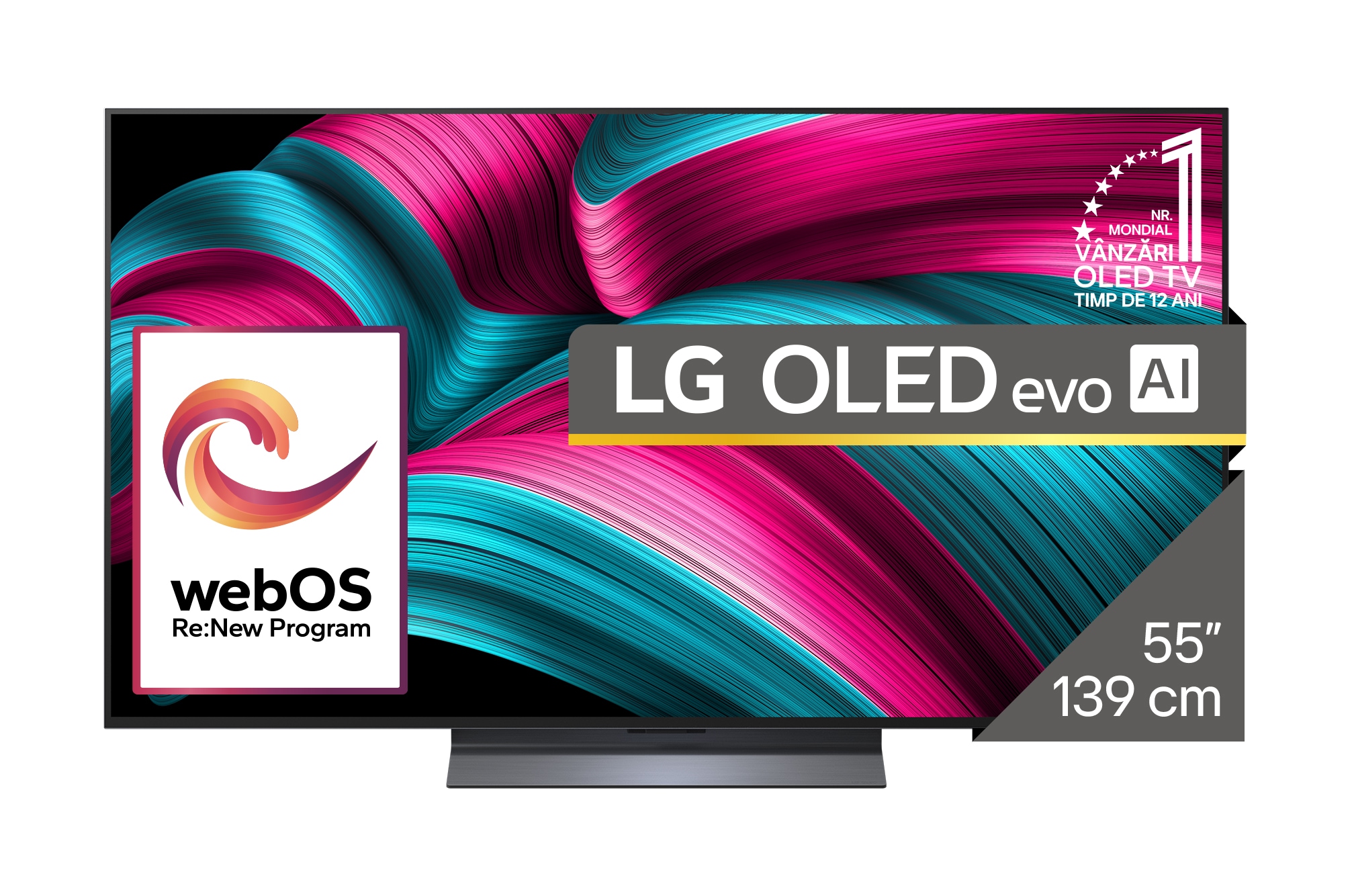 Vedere frontală a LG OLED evo AI C5 4K Smart TV. Emblema OLED 12 ani numărul 1 la nivel mondial și logo LG OLED AI evo 2025 sunt pe ecran.