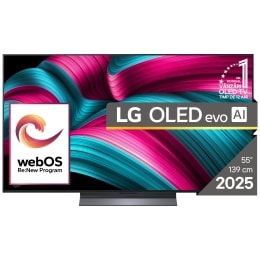Vedere frontală a LG OLED evo AI C5 4K Smart TV. Emblema OLED 12 ani numărul 1 la nivel mondial și logo LG OLED AI evo 2025 sunt pe ecran.