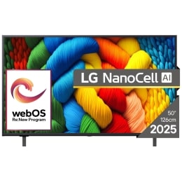 Vedere din față a unui LG NanoCell TV, NANO82, cu textul LG NanoCell 2024 și logo-ul webOS Re:New Program pe ecran2
