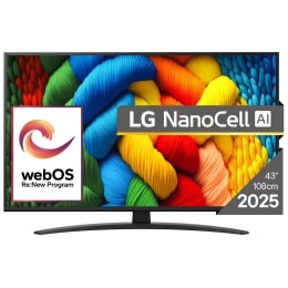 Vedere din față a unui LG NanoCell TV, NANO82, cu textul LG NanoCell 2024 și logo-ul webOS Re:New Program pe ecran2