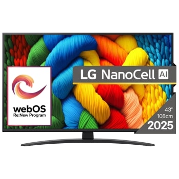 Vedere din față a unui LG NanoCell TV, NANO82, cu textul LG NanoCell 2024 și logo-ul webOS Re:New Program pe ecran1