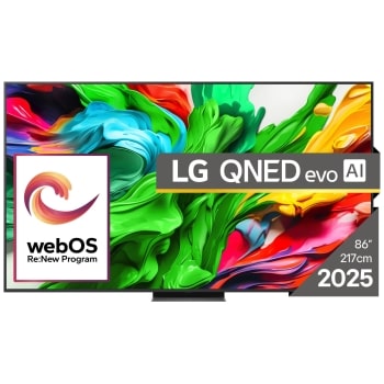 Vedere din față a unui LG NanoCell TV, NANO82, cu textul LG NanoCell 2024 și logo-ul webOS Re:New Program pe ecran1