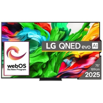 Vedere din față a unui LG NanoCell TV, NANO82, cu textul LG NanoCell 2024 și logo-ul webOS Re:New Program pe ecran