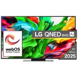 Vedere din față a unui LG NanoCell TV, NANO82, cu textul LG NanoCell 2024 și logo-ul webOS Re:New Program pe ecran2