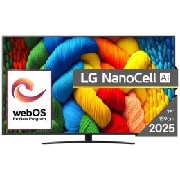 Vedere din față a unui LG NanoCell TV, NANO82, cu textul LG NanoCell 2024 și logo-ul webOS Re:New Program pe ecran2