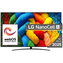 Vedere din față a unui LG NanoCell TV, NANO82, cu textul LG NanoCell 2024 și logo-ul webOS Re:New Program pe ecran2