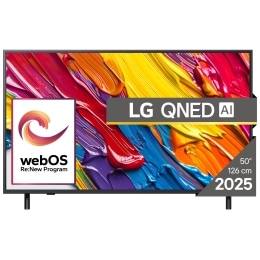 Vedere din față a unui LG NanoCell TV, NANO82, cu textul LG NanoCell 2024 și logo-ul webOS Re:New Program pe ecran2