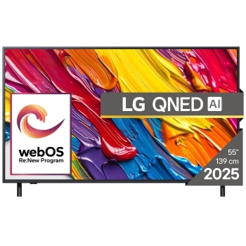 Vedere din față a unui LG NanoCell TV, NANO82, cu textul LG NanoCell 2024 și logo-ul webOS Re:New Program pe ecran