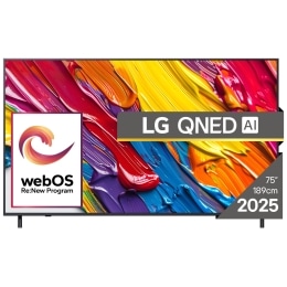 Vedere din față a unui LG NanoCell TV, NANO82, cu textul LG NanoCell 2024 și logo-ul webOS Re:New Program pe ecran2