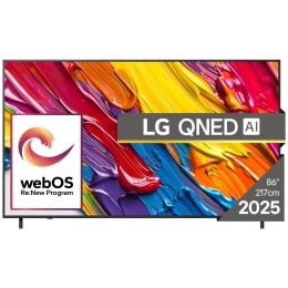 Vedere din față a unui LG NanoCell TV, NANO82, cu textul LG NanoCell 2024 și logo-ul webOS Re:New Program pe ecran2
