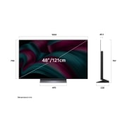 LG OLED evo AI C5 de 48 inch, 4K Smart TV, 2025, Foc de tabără noaptea, în mijlocul naturii. La distanță se află o pădure și un lac. Cerul de seară este plin de stele. Întreaga scenă este divizată. O parte este mai întunecată și mai decolorată. Ceal, OLED48C52LA, thumbnail 6