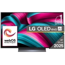 Vedere frontală a LG OLED evo AI C5 4K Smart TV. Emblema OLED 12 ani numărul 1 la nivel mondial și logo LG OLED AI evo 2025 sunt pe ecran.