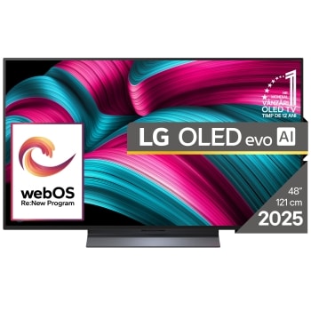 Vedere frontală a LG OLED evo AI C5 4K Smart TV. Emblema OLED 12 ani numărul 1 la nivel mondial și logo LG OLED AI evo 2025 sunt pe ecran.