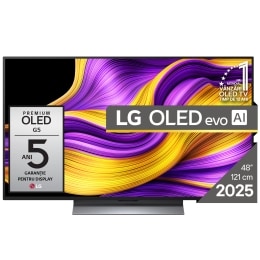 Vedere frontală a LG OLED evo AI G5 4K Smart TV. Emblema OLED 12 ani numărul 1 la nivel mondial și logo LG OLED AI evo 2025 sunt pe ecran.