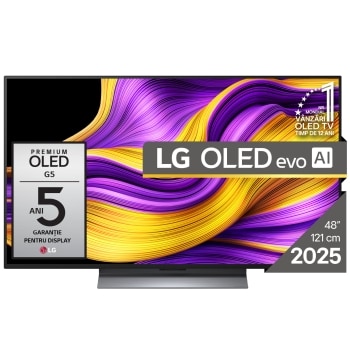 Vedere frontală a LG OLED evo AI G5 4K Smart TV. Emblema OLED 12 ani numărul 1 la nivel mondial și logo LG OLED AI evo 2025 sunt pe ecran.