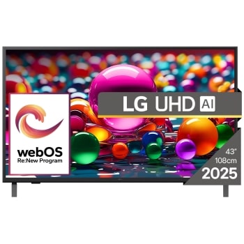 Vizualizare frontală a unui UHD TV, cu sigla LG UHDl Al în colțul de sus. LG UHD TV înfățișează texturi colorate ca dintr-un tablou care se îmbină.1