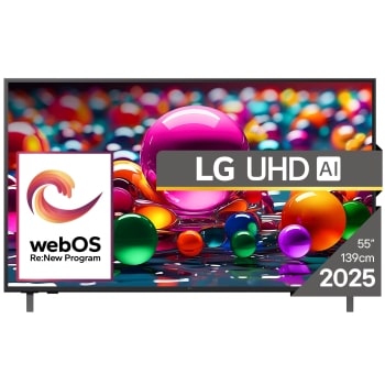Vizualizare frontală a unui UHD TV, cu sigla LG UHDl Al în colțul de sus. LG UHD TV înfățișează texturi colorate ca dintr-un tablou care se îmbină.1