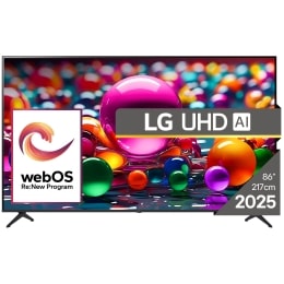 Vizualizare frontală a unui UHD TV, cu sigla LG UHDl Al în colțul de sus. LG UHD TV înfățișează texturi colorate ca dintr-un tablou care se îmbină.2