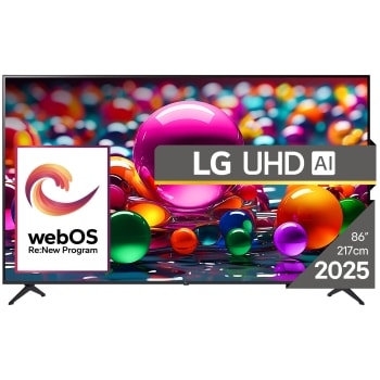 Vizualizare frontală a unui UHD TV, cu sigla LG UHDl Al în colțul de sus. LG UHD TV înfățișează texturi colorate ca dintr-un tablou care se îmbină.1