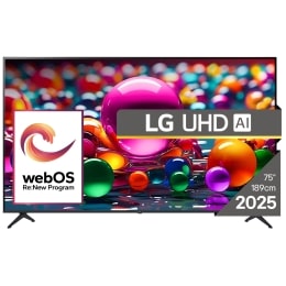 Vizualizare frontală a unui UHD TV, cu sigla LG UHDl Al în colțul de sus. LG UHD TV înfățișează texturi colorate ca dintr-un tablou care se îmbină.2