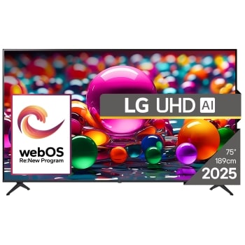 Vizualizare frontală a unui UHD TV, cu sigla LG UHDl Al în colțul de sus. LG UHD TV înfățișează texturi colorate ca dintr-un tablou care se îmbină.1